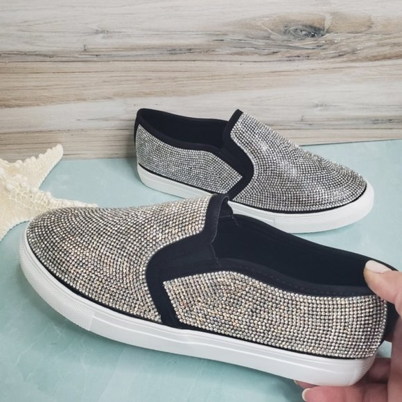 Shoes - NEW! Black and White Rhinestone Slip On Sn…